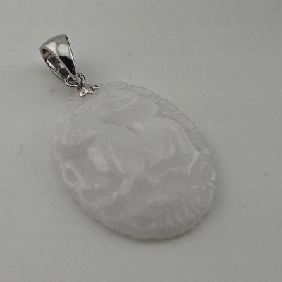 White Carved Rabbit Jade Pendant Sterling Bail