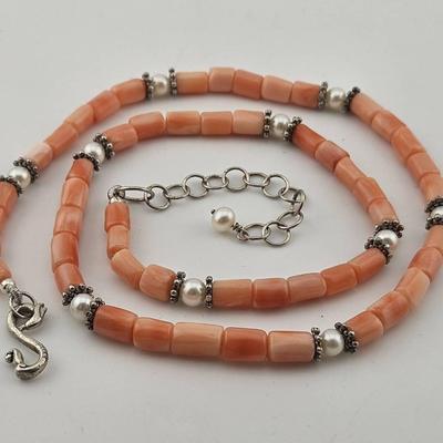 Sterling Silver 925 Coral Pearl Bead Necklace 