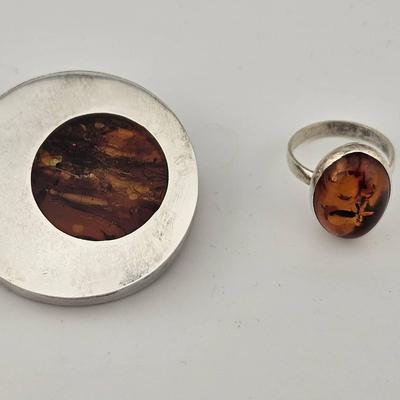 Vintage Sterling Silver 925 Amber Brooch And Ring