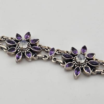 Sterling Silver 925 Amethyst And Moonstone Bracelet 