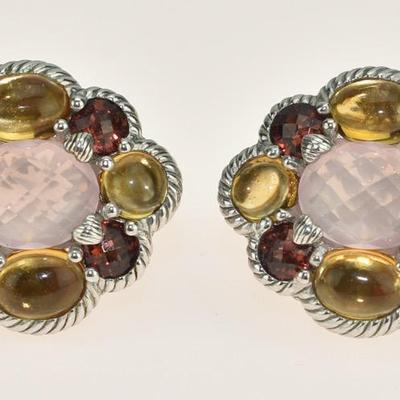 Pair of Judith Ripka Sterling Silver Rose Quartz, Citrine & Garnet Earrings