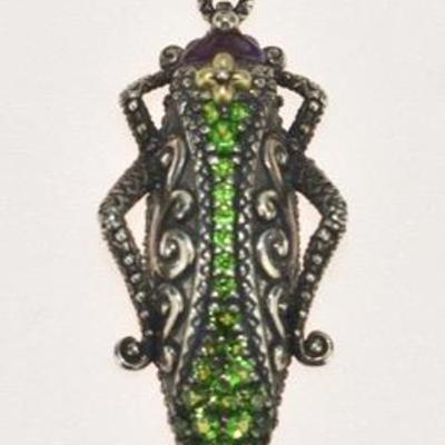 Barbara Bixby Sterling Silver & 18k Yellow Gold Diopside & Amethyst Grasshopper Pendant