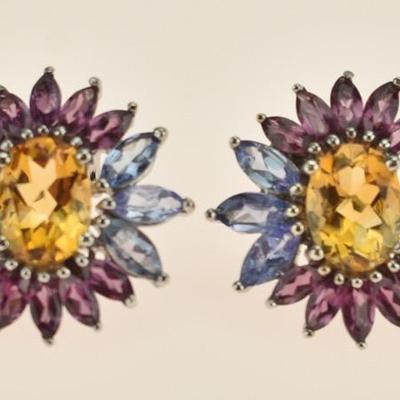 Pair of Sterling Silver Natural Unheated Citrine, Tanzanite & Rhodolite Garnet Burst Stud Earrings