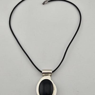 Vintage Sterling Silver 925 Onyx Pendant Rope Necklace