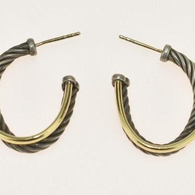 Pair of David Yurman Sterling Silver & 18k Yellow Gold Twisted Oblong Hoop Earrings