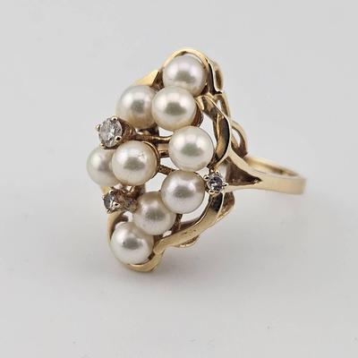 14k Gold Pearl And Diamond Cocktail Ring