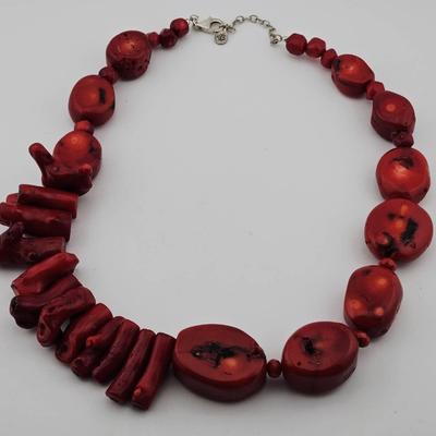 Red Bamboo Coral Chunky Necklace Sterling Silver 925 Clasp