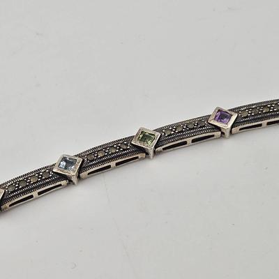 Sterling Silver Marcasite Topaz Amethyst Multi Gemstone Bracelet 