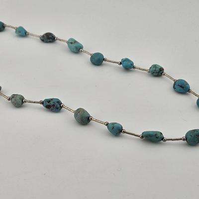 Vintage Sterling Silver 925 Silver Bead And Turquoise Nugget Necklace 