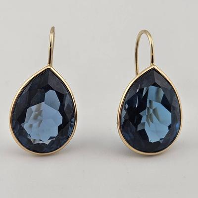Pair Of 14k Yellow Gold Large Carat Pear Cut Blue Topaz Dangle Earrings 