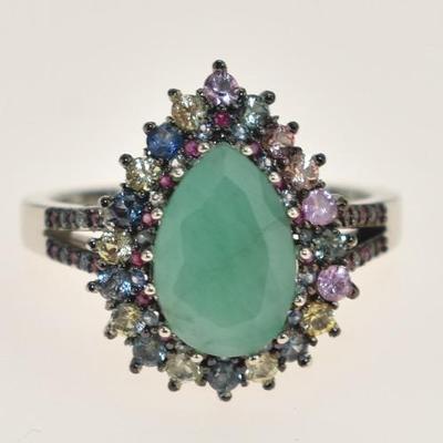 Sterling Silver 2.5 Carat Natural Unheated Pear-Cut Emerald & Sapphire Ring