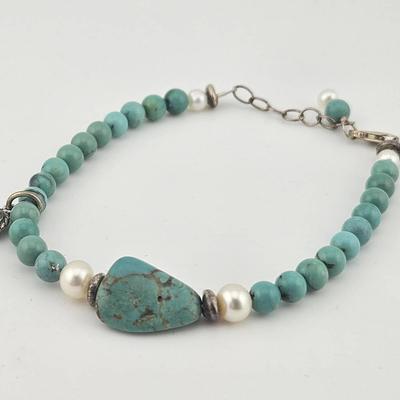 Sterling Silver 925 Heart Charm Turquoise Bead Bracelet 