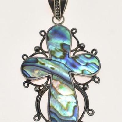 Vintage Sterling Silver Abalone Lacquer Cross Pendant