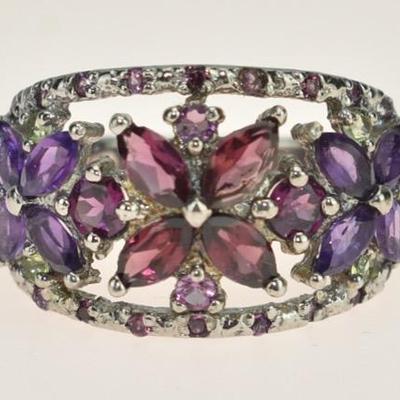 Sterling Silver Natural Unheated Amethyst & Rhodolite Garnet Floral Ring
