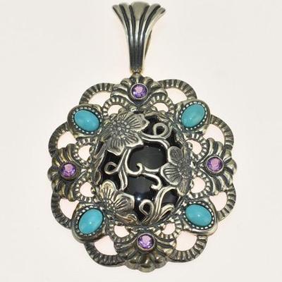 Carolyn Pollack Sterling Silver Onyx, Turquoise & Amethyst Floral Pendant