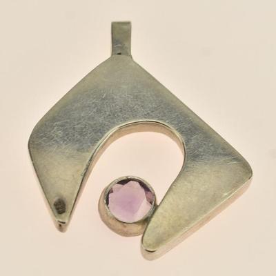 Vintage Sterling Silver Amethyst 3 Carat Round Amethyst Modernist Pendant 