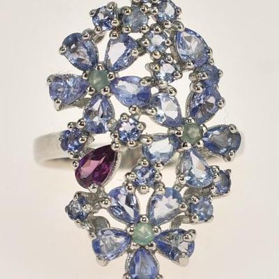 Sterling Silver Natural Unheated Tanzanite, Emerald & Rhodolite Garnet Floral Ring 