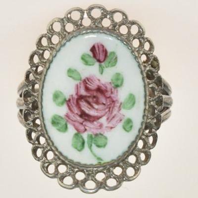 Sterling Silver Porcelain-Front Floral Ring
