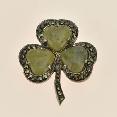 Sterling Silver Green Marble Clover Brooch