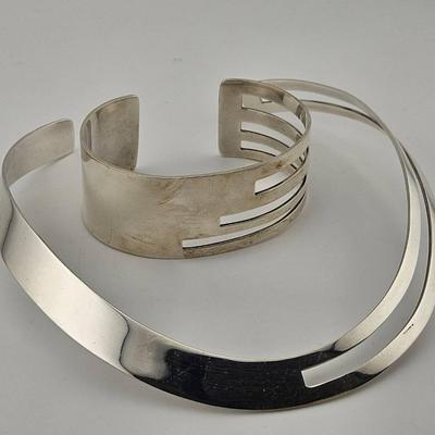 Sterling Silver 925 Modernist Cuff And Collar Bracelet And Necklace Set
