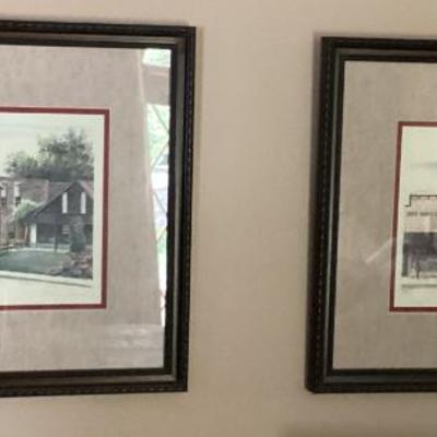 Wall art set of 2 pics buildings brown frame and gray mat
