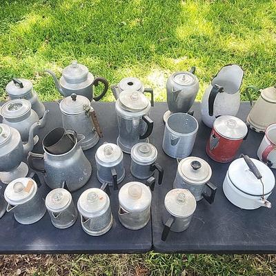 Perculaters, Coffee Pots, and Enamel Pitchers and Pots