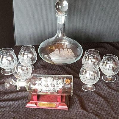 Etched Glass Clipper Ship Decanter & Snifters (K)