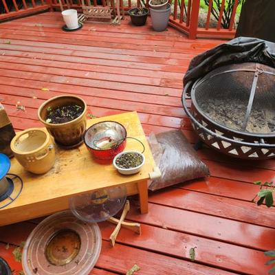 Fireplace and assorted pots