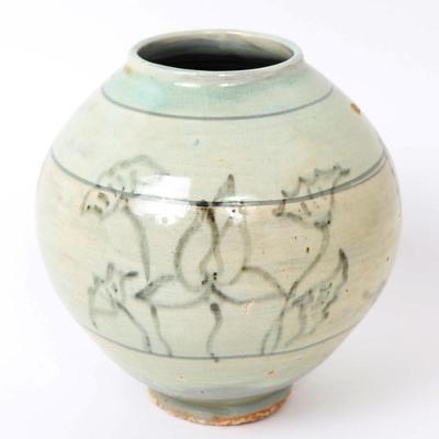 Sale Photo Thumbnail #305: Lot 306 gorgeous korean celadon glazed peach shaped jug