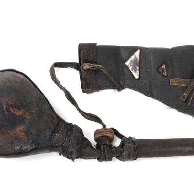 Sale Photo Thumbnail #102: Lot 102 pre civil war pear shaped gunpowder flask shot pouch, rare