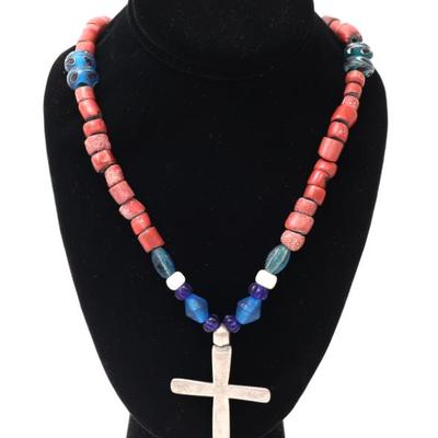Sale Photo Thumbnail #218: Lot 218 guatemalan silver cross coral bead necklace