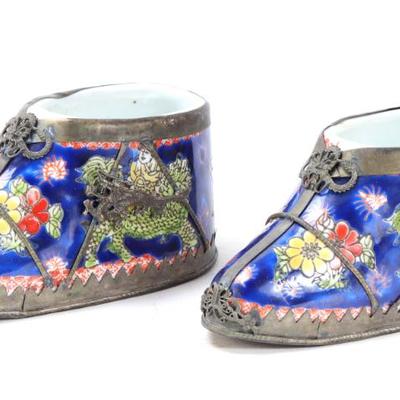 Sale Photo Thumbnail #358: Lot 360 chinese silver mounted lotus shoe pair