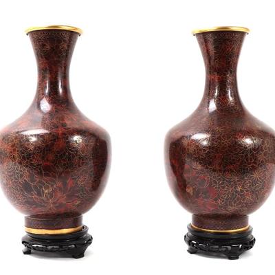 Sale Photo Thumbnail #320: Lot 322 gorgeous pair of red chinese cloisonne vases