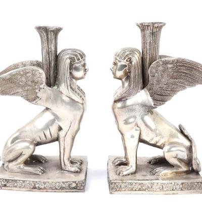 Sale Photo Thumbnail #399: Lot 401 pair of silvered sphynx candlesticks