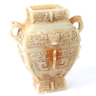 Sale Photo Thumbnail #321: Lot 323 hefty chinese white hardstone vase archaistic style