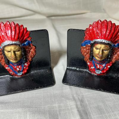 Pair Of Cast Iron Hand Painted Native American Bookends 