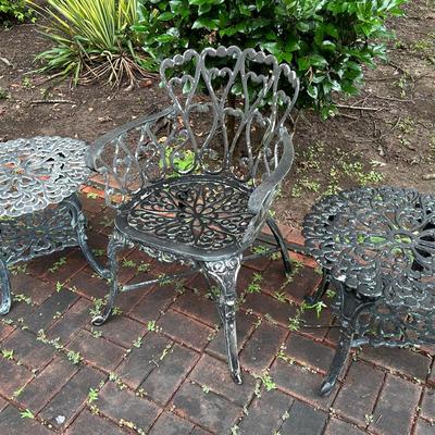 Heavy Cast Aluminum Side Tables (2) and 1 Chair