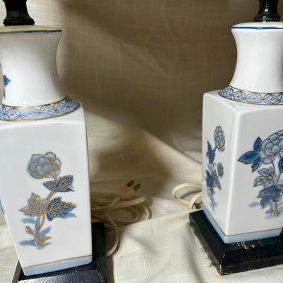 Pair Of Small Ceramic Blue/ White Floral Lamps With Shades 