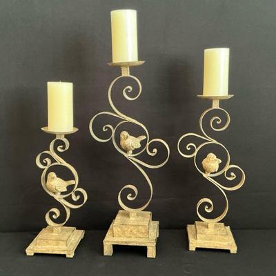 3 Decorative Metal Candlesticks With Birds
