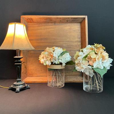 Accent Lamp, Wooden Tray And Two Faux Floral Arrangements