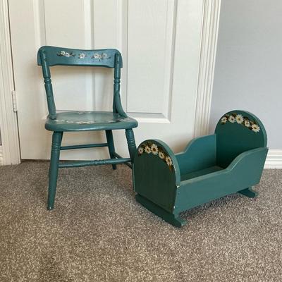 Vintage Handpainted Doll Chair And Bed