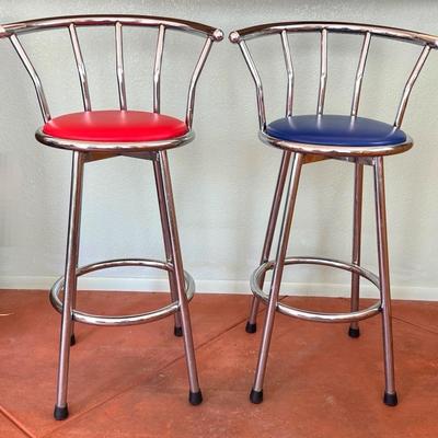 Red, Chrome And Blue Bar Stools 