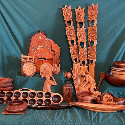 Wood Collectibles: Bowls, Art, Clock, Decanter, Giant Utensils