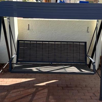 Porch Swing With Adjustable Shade And Woven Backrest