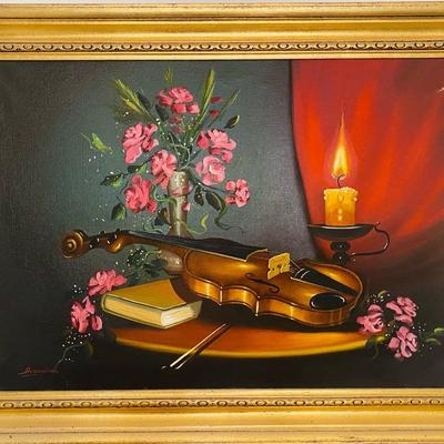 Signed Violin Oil Still Life