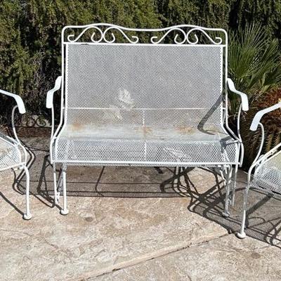White Metal Rocking Bench And 2 Metal Patio Chairs