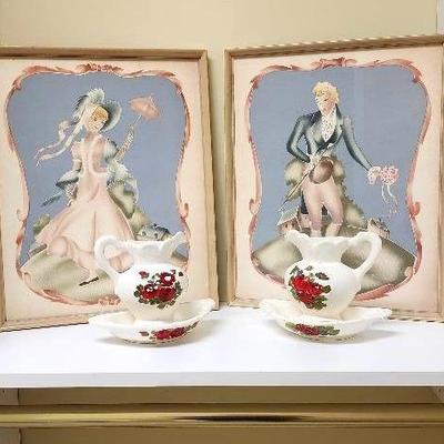 French Provincial Framed Prints On Linen Paper W/ Pair of Ceramic Wall Platers