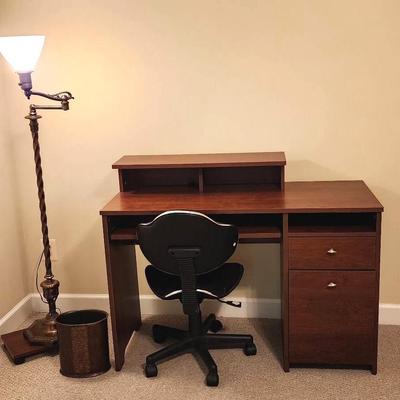Vintage Brass Floor Lamp, Office Desk, Art Deco Office Chair & Ornate Trash Can