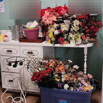 Silk Flowers, Assorted Glass/ceramic Vases, Baskets, Granite/metal Patio Table, And More.