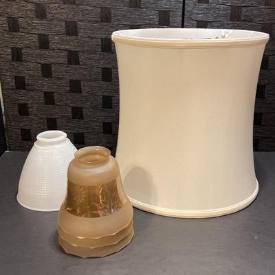 Champagne Toned Etched Glass Light Covers (3), Milk Glass Light Cover (1),White Lamp Shade (12”x11”)
